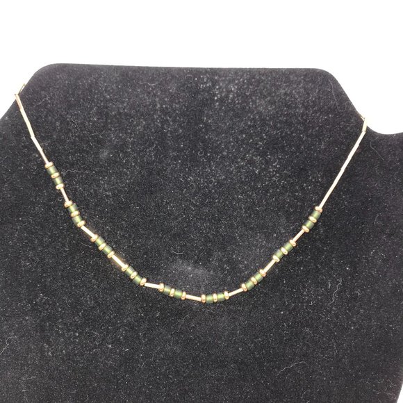 15" Matte Green And Gold Seed Bead Handmade Beaded Necklace - Picture 1 of 5